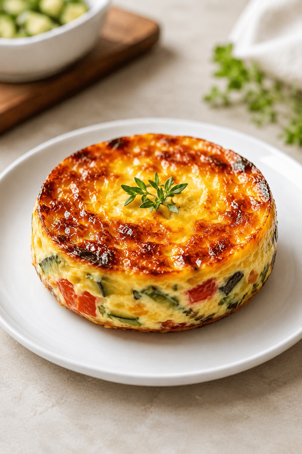 Flan provençal doré aux courgettes, poivron rouge, tomate, fromage râpé et herbes de Provence, servi tiède avec une salade verte.