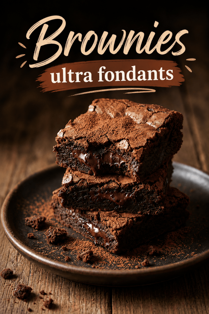 Brownies au cacao fondants coupés en carrés, avec une texture chocolatée dense, un cœur moelleux et une surface légèrement craquelée.