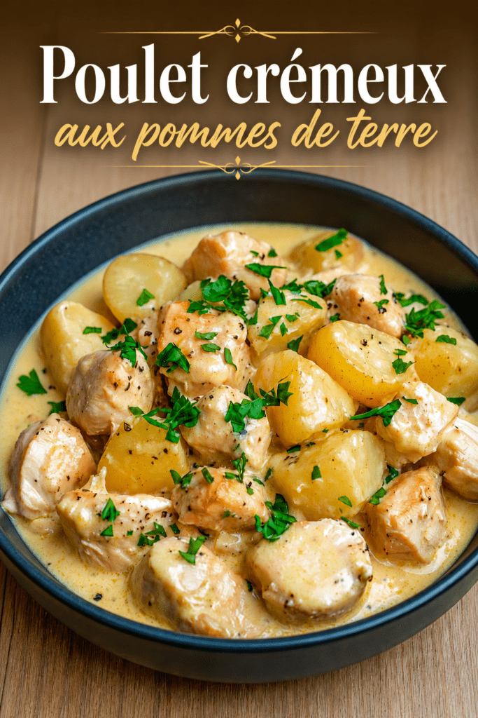 Poulet crémeux à la moutarde servi avec des pommes de terre fondantes, une sauce onctueuse à la crème et du persil frais haché.