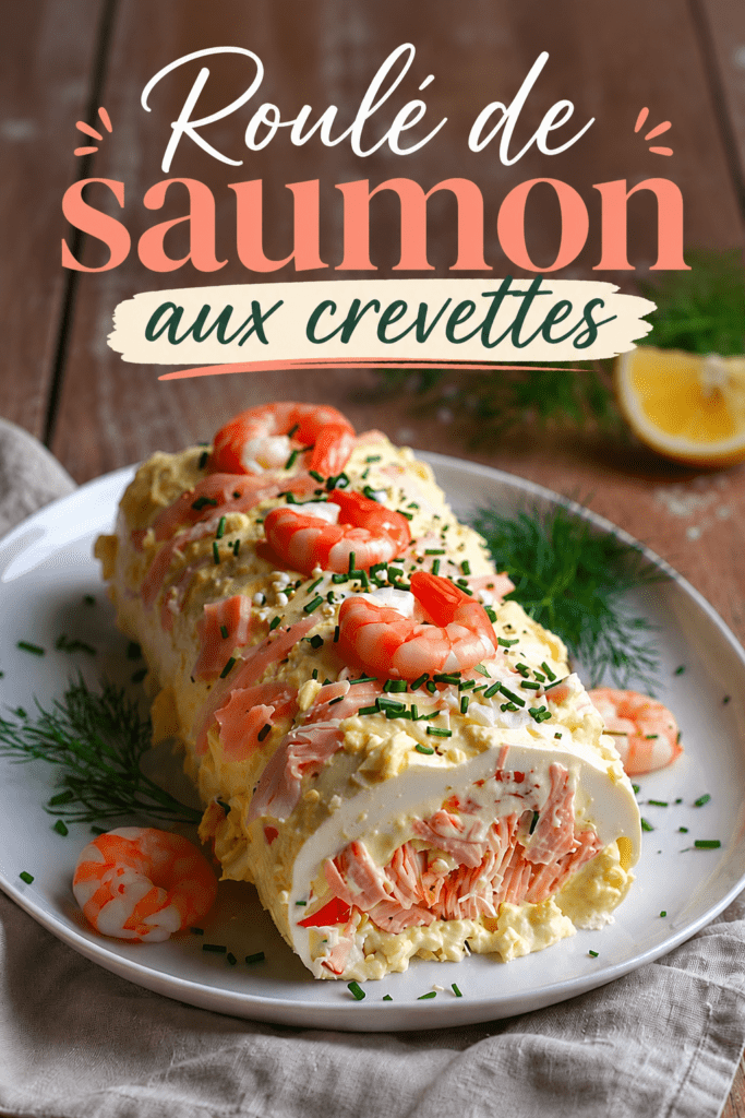 Bûche salée de la mer au saumon fumé et crevettes, servie bien fraîche avec ciboulette, citron et décoration festive.