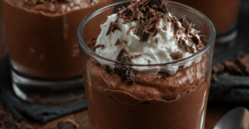 Verrines de mousse au chocolat gourmande décorées de crème chantilly et de copeaux de chocolat noir, servies bien fraîches.