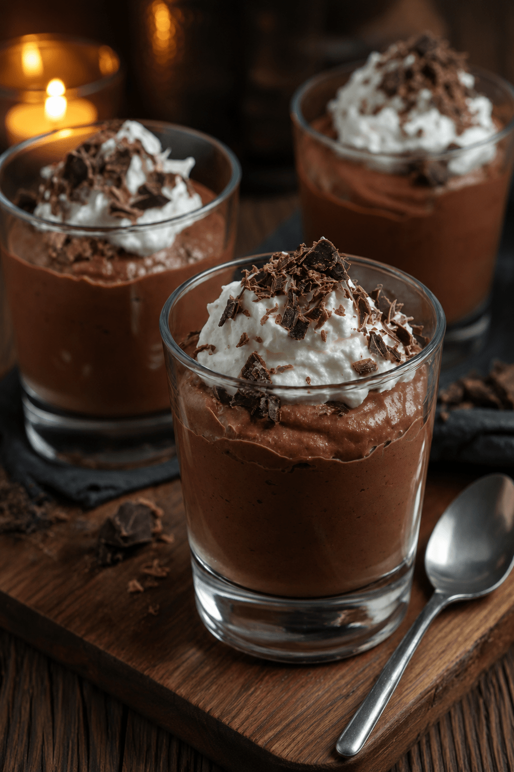 Verrines de mousse au chocolat gourmande décorées de crème chantilly et de copeaux de chocolat noir, servies bien fraîches.