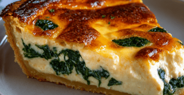 Quiche crémeuse aux épinards et fromage bien dorée, servie en parts généreuses avec une pâte croustillante et une garniture fondante.
