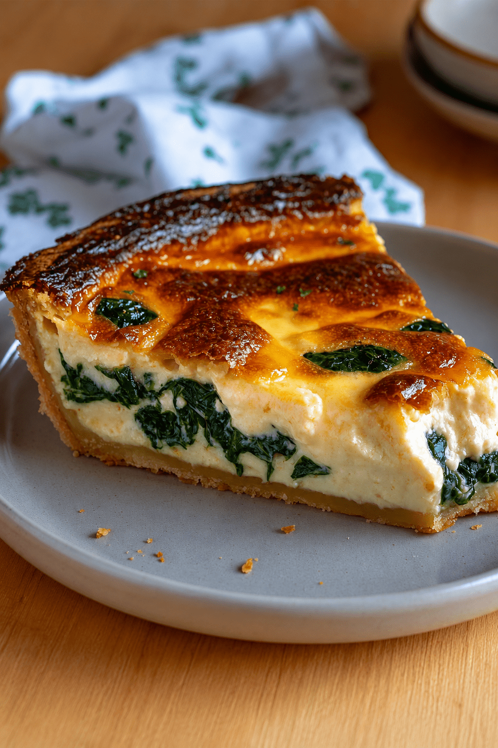Quiche crémeuse aux épinards et fromage bien dorée, servie en parts généreuses avec une pâte croustillante et une garniture fondante.