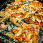 Gratin de pâtes au saumon et aux épinards servi dans un plat familial, avec une sauce crémeuse et une couche de fromage doré.
