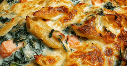 Gratin de pâtes au saumon et aux épinards servi dans un plat familial, avec une sauce crémeuse et une couche de fromage doré.