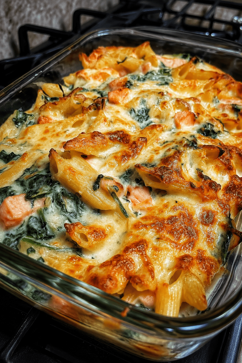 Gratin de pâtes au saumon et aux épinards servi dans un plat familial, avec une sauce crémeuse et une couche de fromage doré.