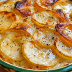 Gratin dauphinois traditionnel bien doré dans un plat à gratin, avec des pommes de terre fondantes et une crème onctueuse.