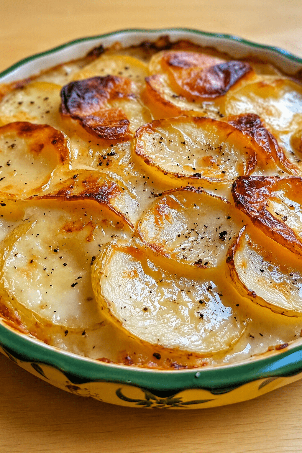 Gratin dauphinois traditionnel bien doré dans un plat à gratin, avec des pommes de terre fondantes et une crème onctueuse.