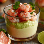 Verrines de mousse d’avocat garnies de crevettes, morceaux de pamplemousse rose et zeste de citron vert, servies bien fraîches.