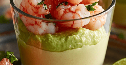 Verrines de mousse d’avocat garnies de crevettes, morceaux de pamplemousse rose et zeste de citron vert, servies bien fraîches.