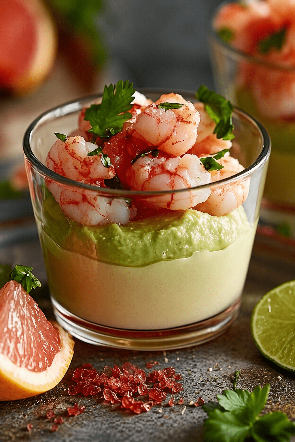Verrines de mousse d’avocat garnies de crevettes, morceaux de pamplemousse rose et zeste de citron vert, servies bien fraîches.