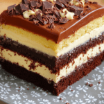 Gâteau chocolat double crème en plusieurs couches, garni de crème vanille, nappé de ganache chocolat et décoré de copeaux de chocolat noir et blanc.