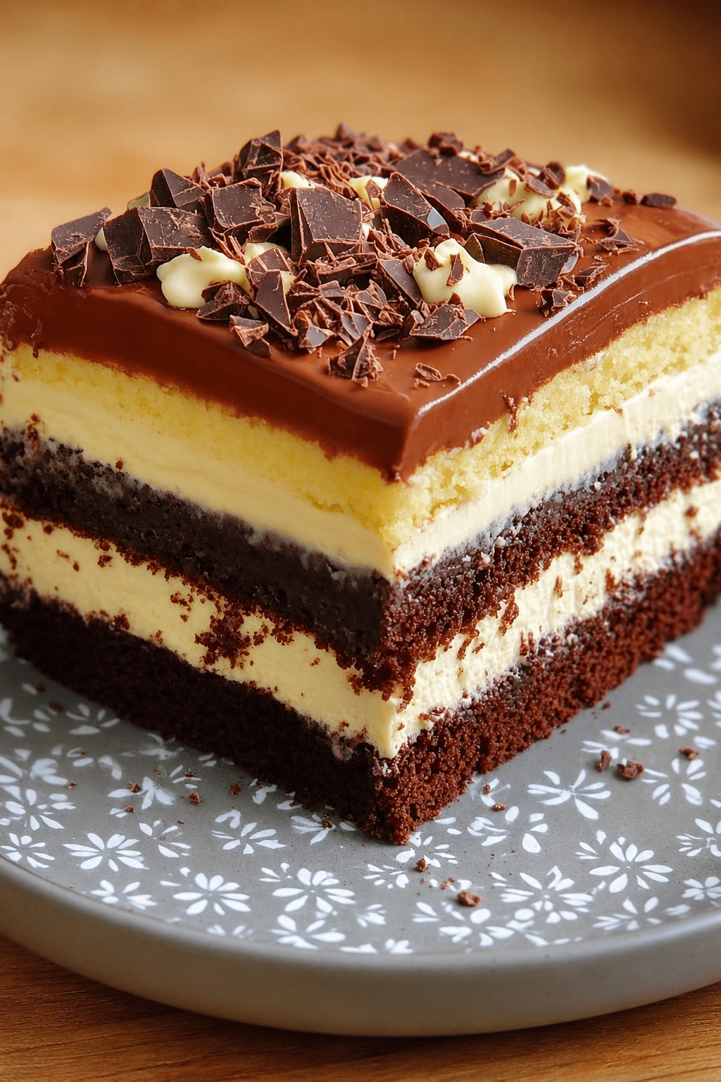 Gâteau chocolat double crème en plusieurs couches, garni de crème vanille, nappé de ganache chocolat et décoré de copeaux de chocolat noir et blanc.