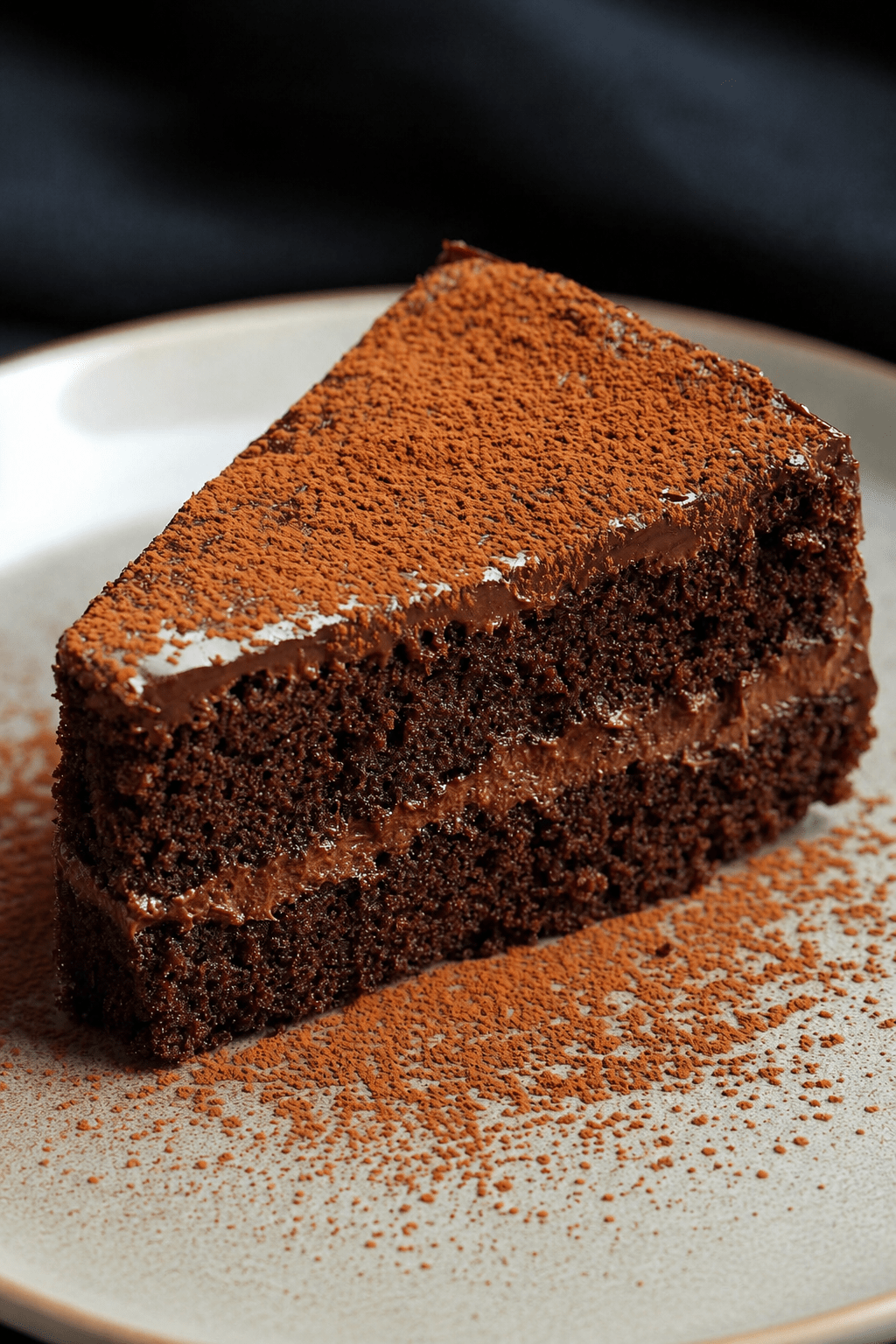 Gâteau au yaourt chocolaté coupé en parts, garni d’une ganache au chocolat noir lisse et saupoudré de cacao en poudre.