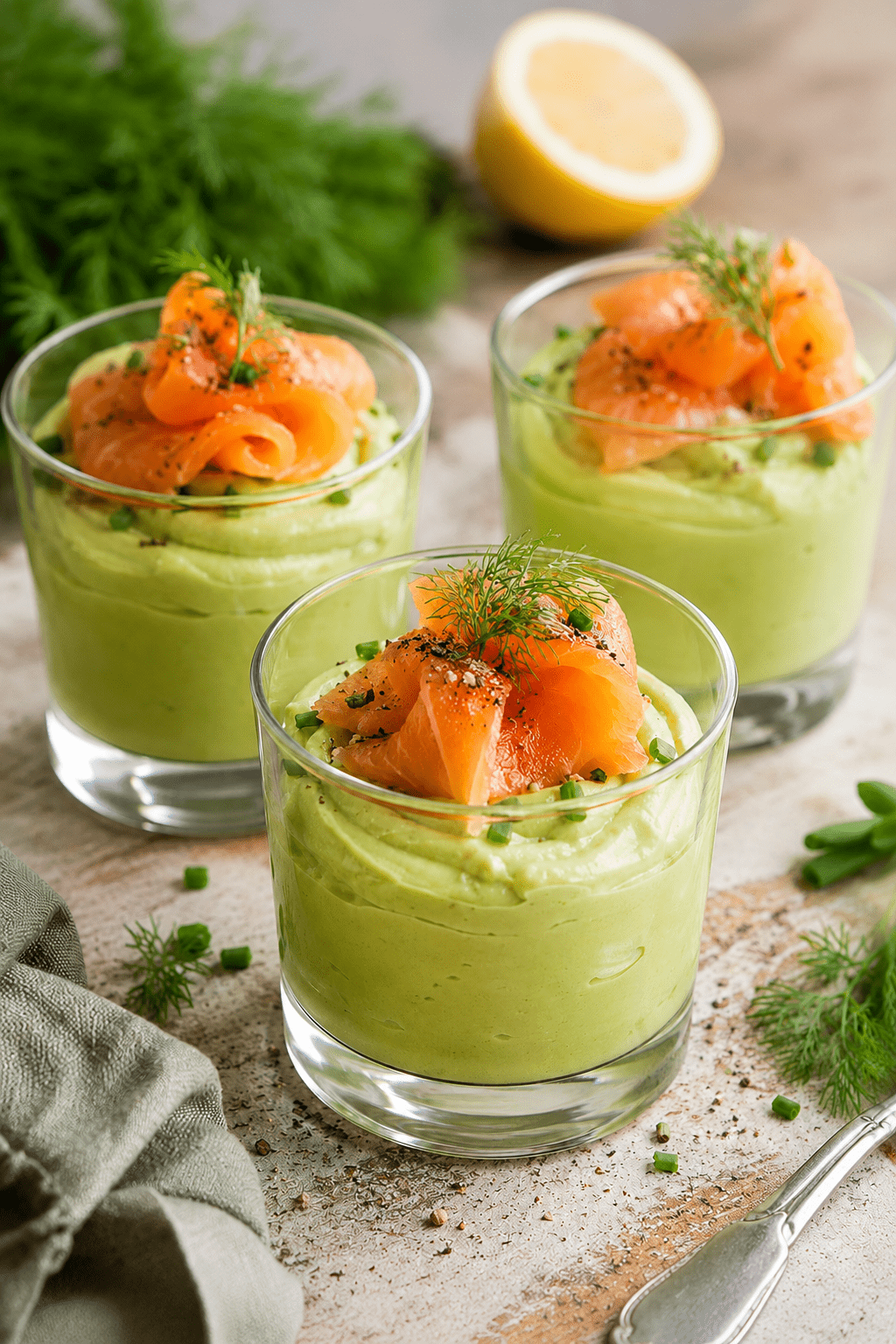 Verrines de mousse d’avocat crémeuse garnies de lamelles de saumon fumé, décorées d’aneth et servies bien fraîches.