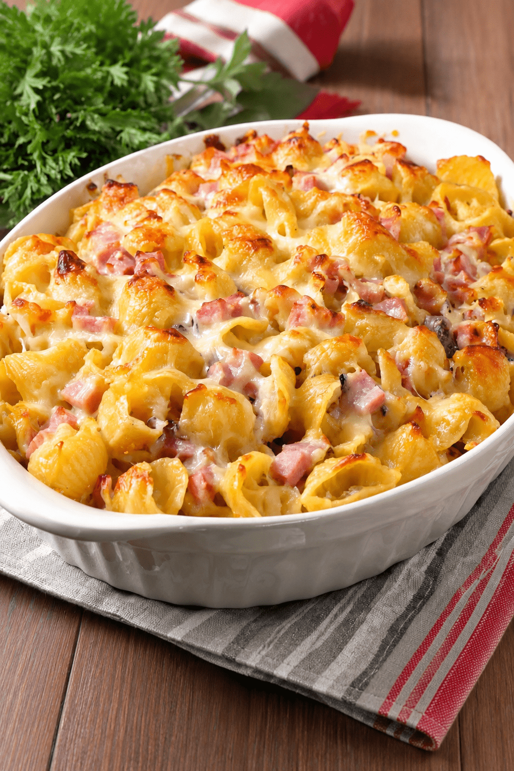Gratin de coquillettes au jambon et gruyère râpé bien doré, servi chaud dans un plat familial avec une texture crémeuse.