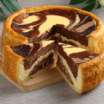Flan marbré vanille chocolat coupé en parts, avec une pâte dorée, une texture crémeuse et de jolies spirales chocolatées.