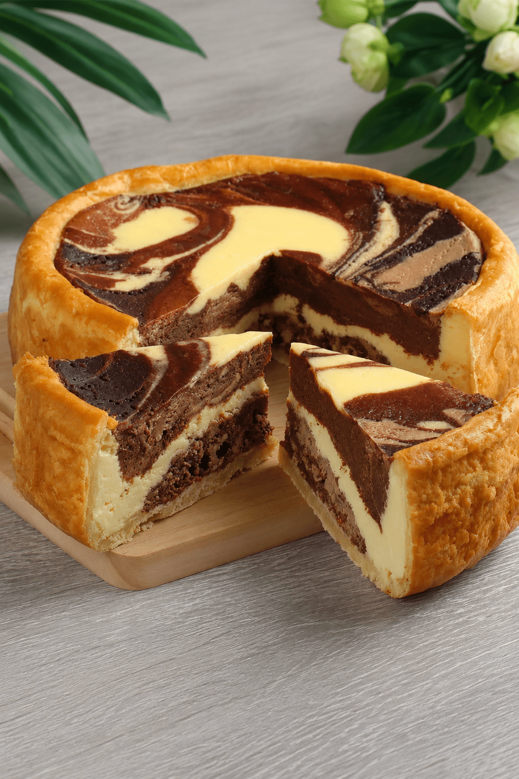 Flan marbré vanille chocolat coupé en parts, avec une pâte dorée, une texture crémeuse et de jolies spirales chocolatées.
