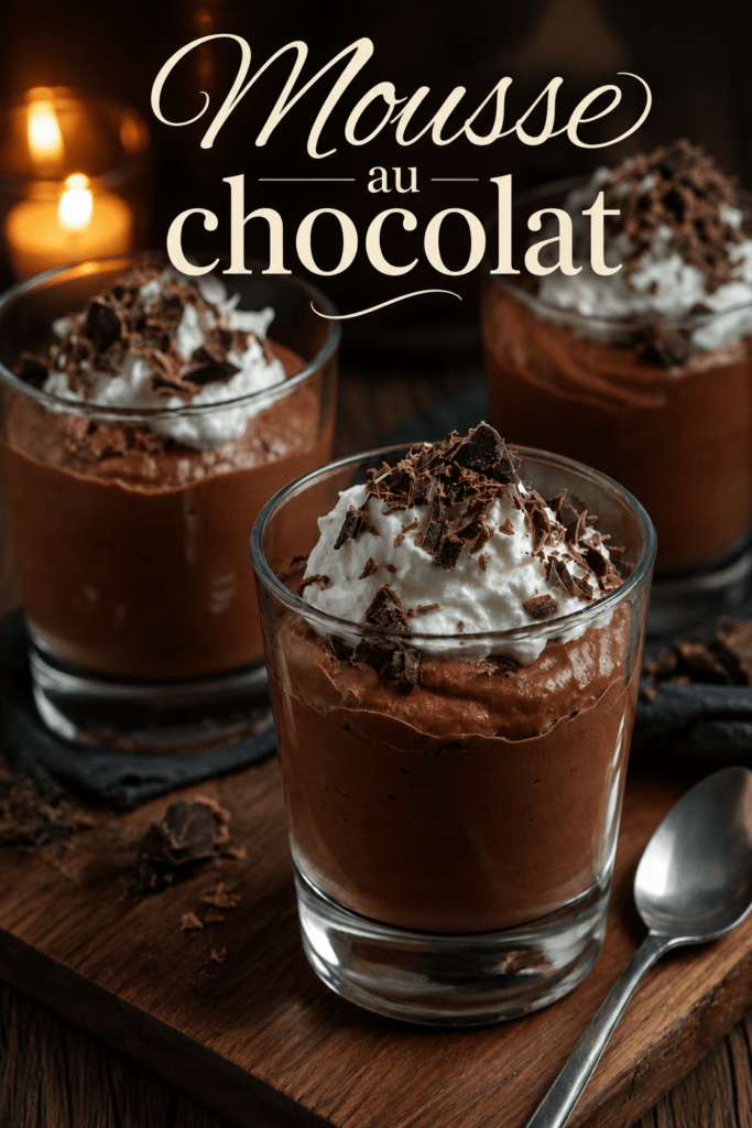 Verrines de mousse au chocolat gourmande décorées de crème chantilly et de copeaux de chocolat noir, servies bien fraîches.