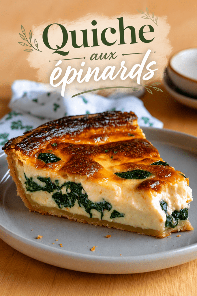 Quiche crémeuse aux épinards et fromage bien dorée, servie en parts généreuses avec une pâte croustillante et une garniture fondante.