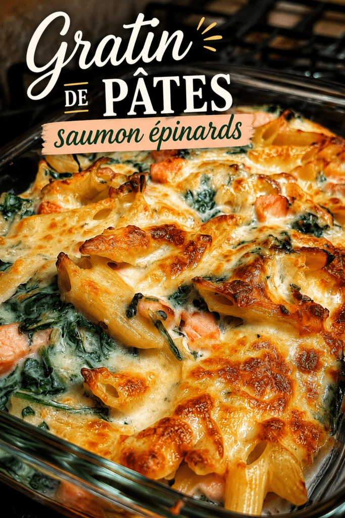 Gratin de pâtes au saumon et aux épinards servi dans un plat familial, avec une sauce crémeuse et une couche de fromage doré.