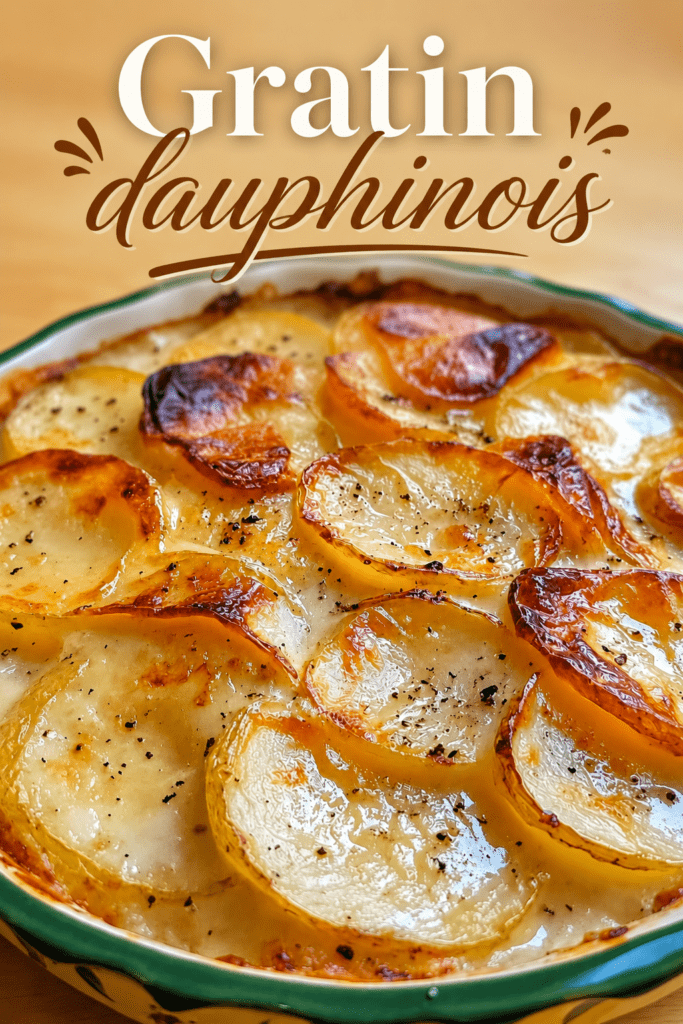 Gratin dauphinois traditionnel bien doré dans un plat à gratin, avec des pommes de terre fondantes et une crème onctueuse.