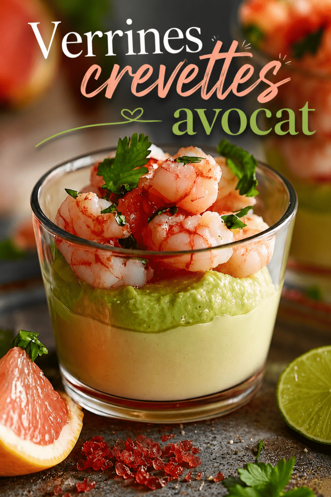Verrines de mousse d’avocat garnies de crevettes, morceaux de pamplemousse rose et zeste de citron vert, servies bien fraîches.