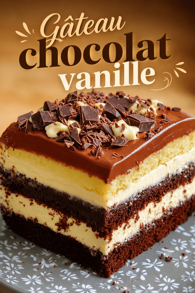 Gâteau chocolat double crème en plusieurs couches, garni de crème vanille, nappé de ganache chocolat et décoré de copeaux de chocolat noir et blanc.