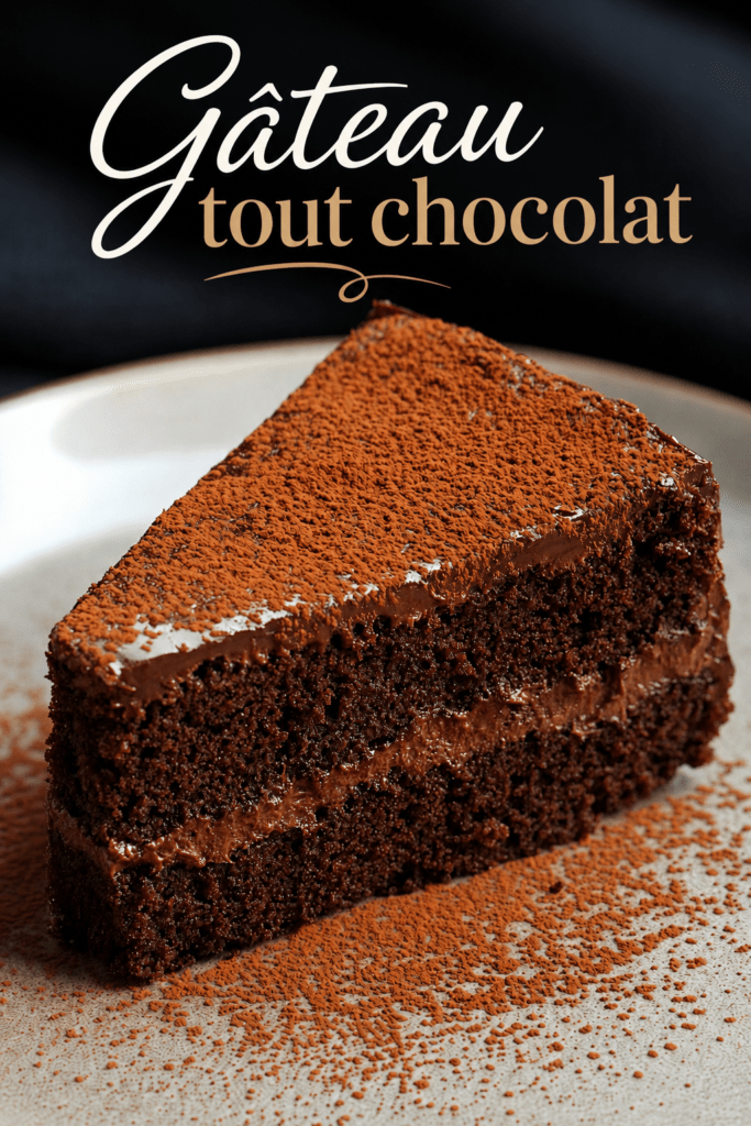Gâteau au yaourt chocolaté coupé en parts, garni d’une ganache au chocolat noir lisse et saupoudré de cacao en poudre.
