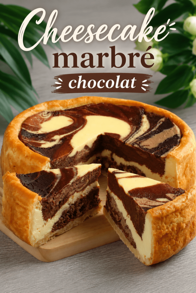 Flan marbré vanille chocolat coupé en parts, avec une pâte dorée, une texture crémeuse et de jolies spirales chocolatées.