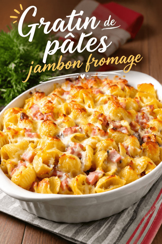 Gratin de coquillettes au jambon et gruyère râpé bien doré, servi chaud dans un plat familial avec une texture crémeuse.