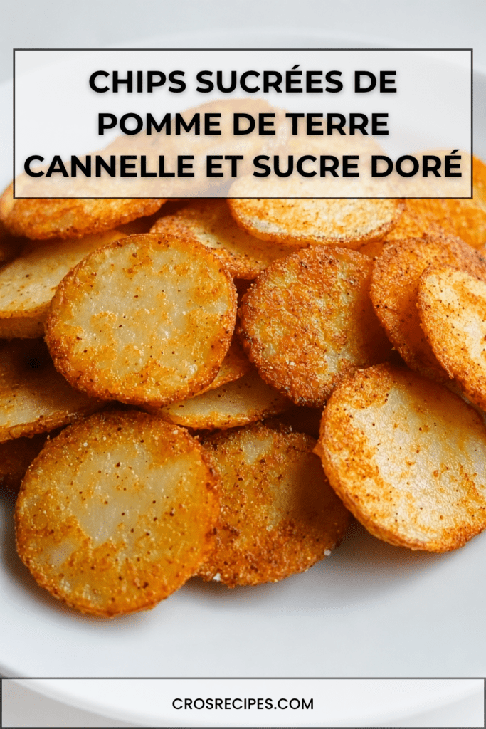 Chips sucrées de pomme de terre dorées et croustillantes, saupoudrées de cannelle et de sucre glace, servies dans un bol rustique.