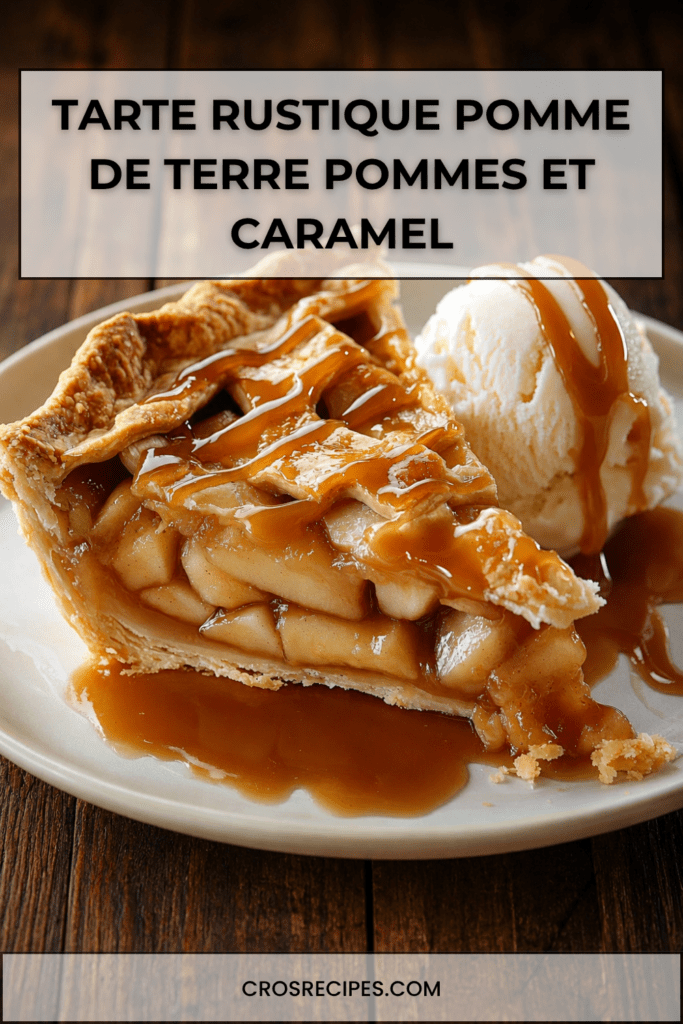 Tarte rustique dorée aux pommes, pommes de terre fondantes et caramel beurre salé, décorée d’un quadrillage de pâte croustillante et servie avec une boule de glace vanille.