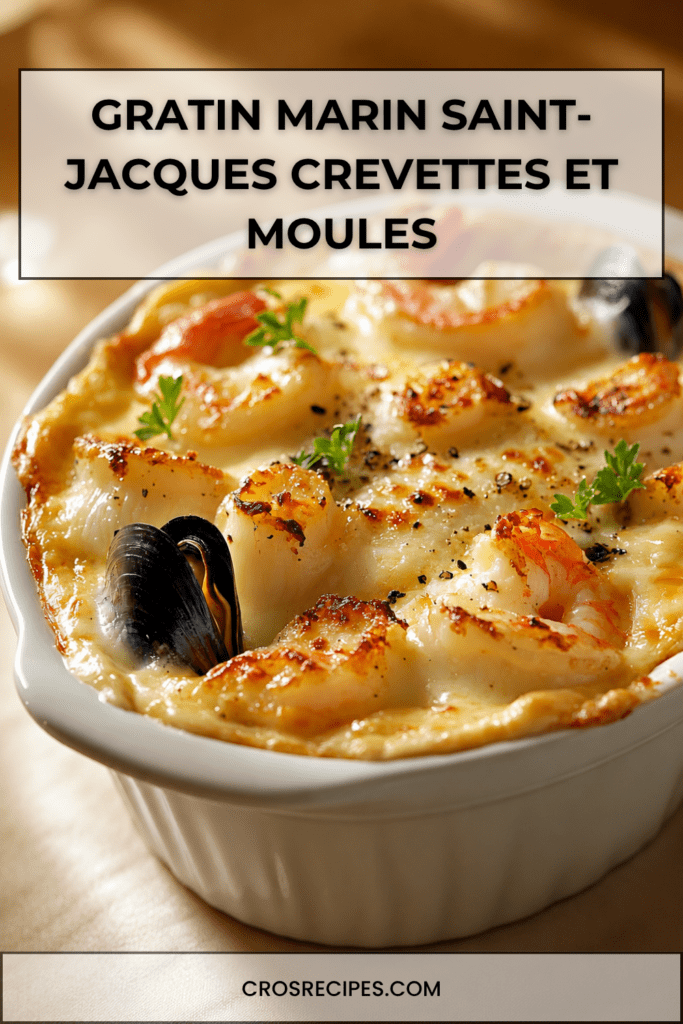Gratin marin doré aux noix de Saint-Jacques, crevettes et moules, nappé d’une sauce crémeuse et gratiné au fromage dans un plat chaud.
