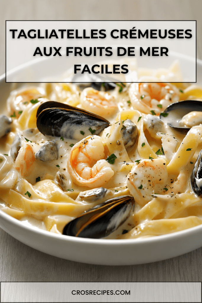 Assiette creuse de tagliatelles crémeuses aux fruits de mer avec crevettes roses, moules, palourdes, sauce à la crème, persil frais et citron.