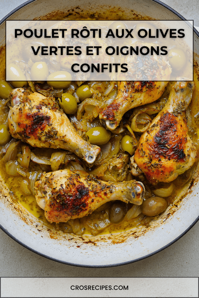 Pilons de poulet rôti bien dorés servis avec olives vertes, oignons confits, sauce parfumée aux herbes et jus de cuisson dans une cocotte.