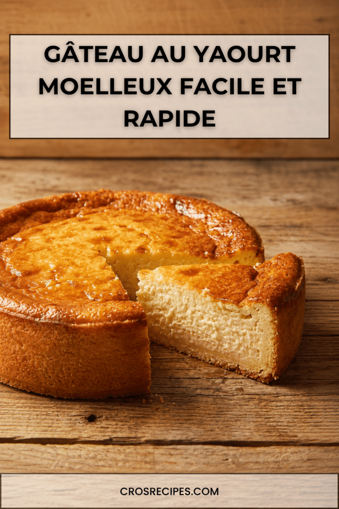 Gâteau au yaourt moelleux et doré, servi en parts sur une assiette, avec une texture légère et une surface légèrement croustillante.