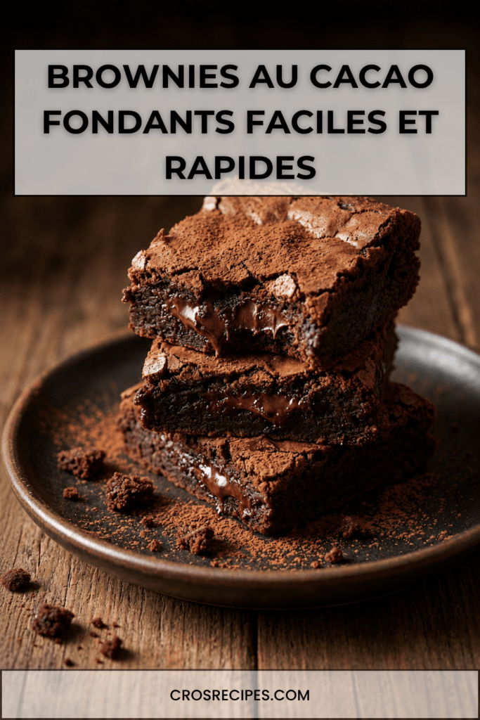 Brownies au cacao fondants coupés en carrés, avec une texture chocolatée dense, un cœur moelleux et une surface légèrement craquelée.