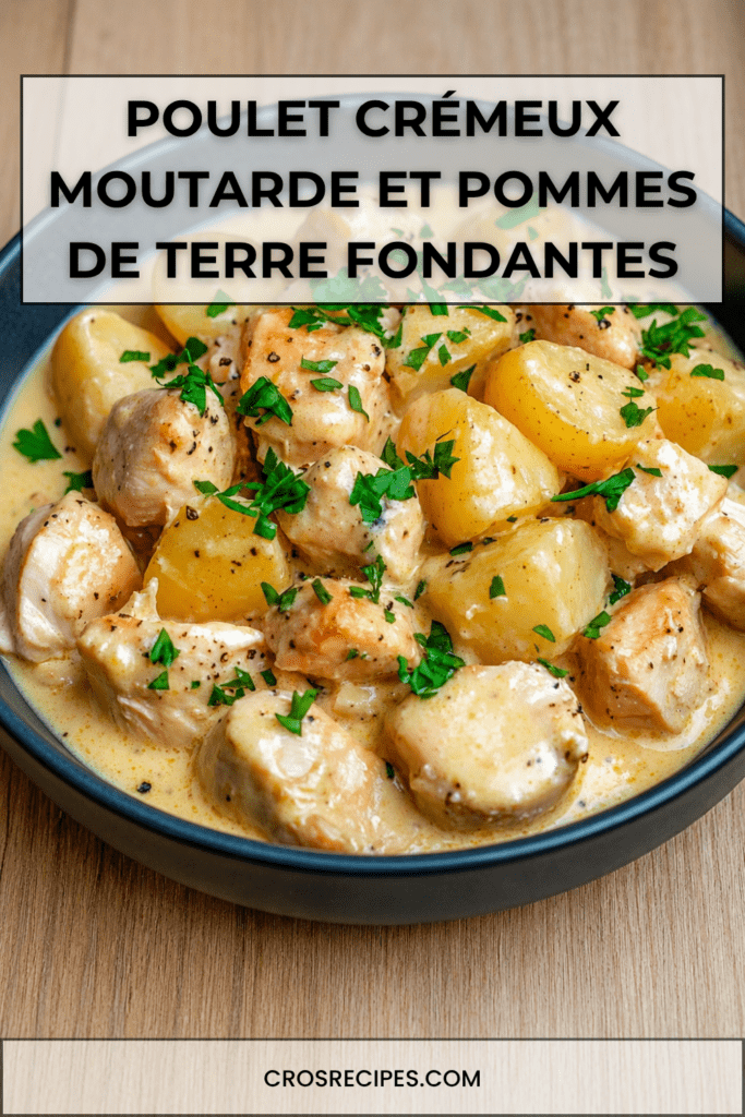 Poulet crémeux à la moutarde servi avec des pommes de terre fondantes, une sauce onctueuse à la crème et du persil frais haché.