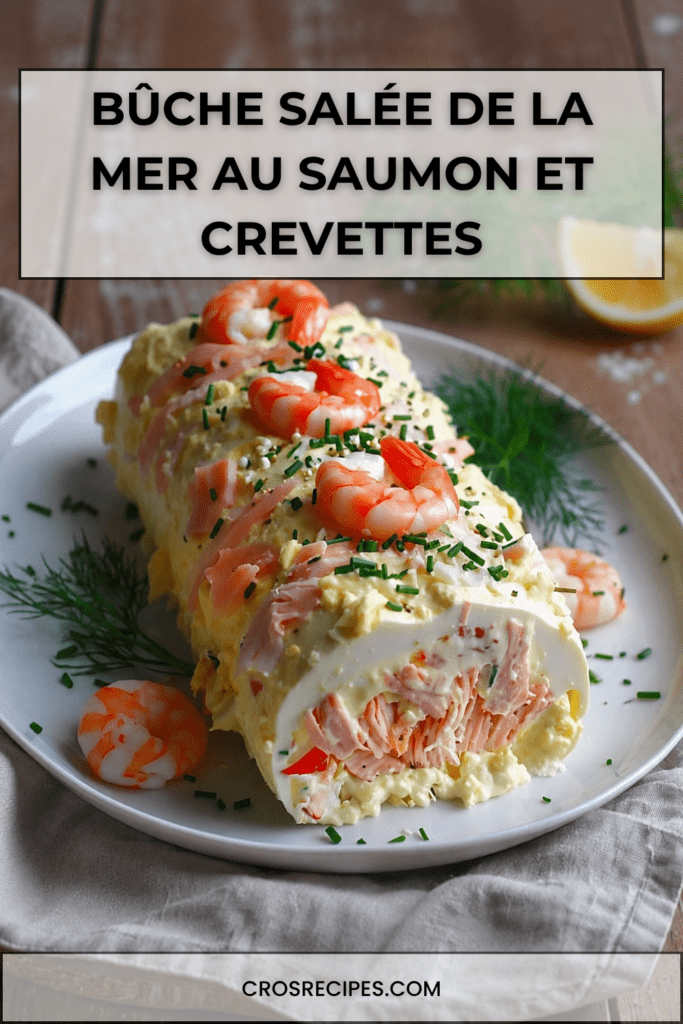 Bûche salée de la mer au saumon fumé et crevettes, servie bien fraîche avec ciboulette, citron et décoration festive.