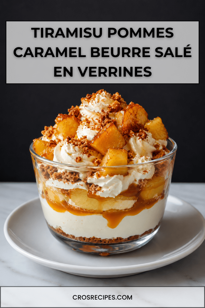 Verrines de tiramisu aux pommes poêlées, caramel beurre salé, crème mascarpone onctueuse et miettes de spéculoos.