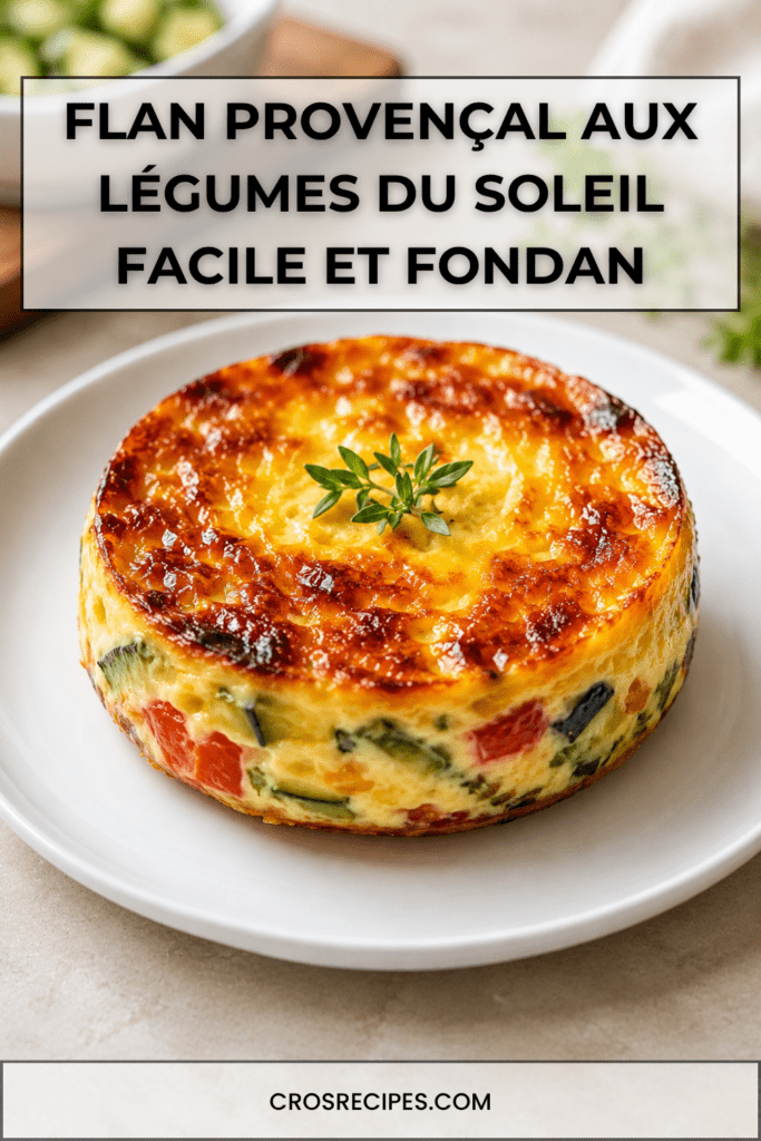 Flan provençal doré aux courgettes, poivron rouge, tomate, fromage râpé et herbes de Provence, servi tiède avec une salade verte.