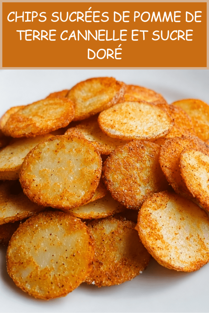 Chips sucrées de pomme de terre dorées et croustillantes, saupoudrées de cannelle et de sucre glace, servies dans un bol rustique.