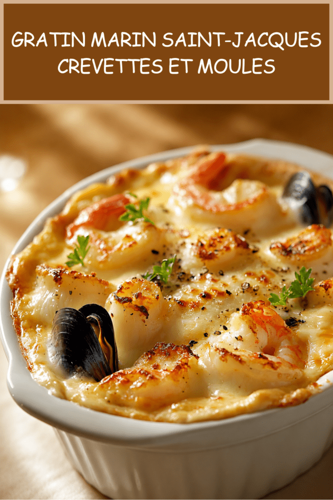 Gratin marin doré aux noix de Saint-Jacques, crevettes et moules, nappé d’une sauce crémeuse et gratiné au fromage dans un plat chaud.