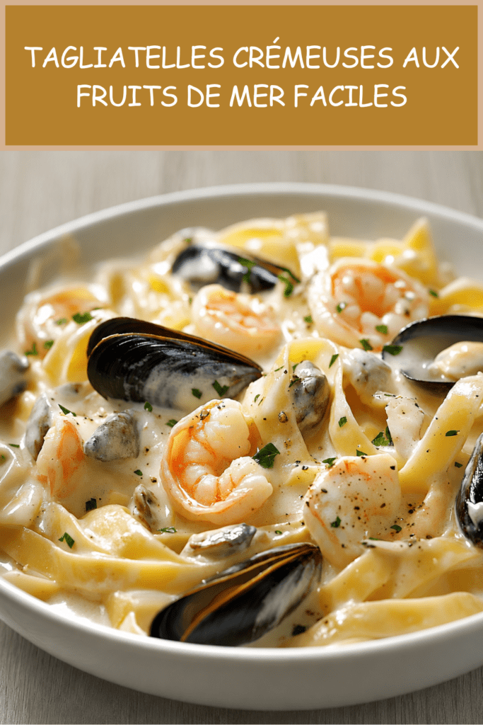 Assiette creuse de tagliatelles crémeuses aux fruits de mer avec crevettes roses, moules, palourdes, sauce à la crème, persil frais et citron.