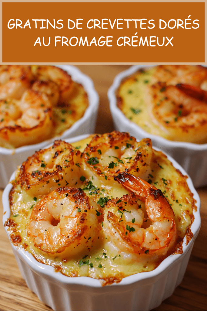 Gratins individuels de crevettes dorées au fromage, servis en ramequins avec une sauce crémeuse, une croûte gratinée et du persil frais.