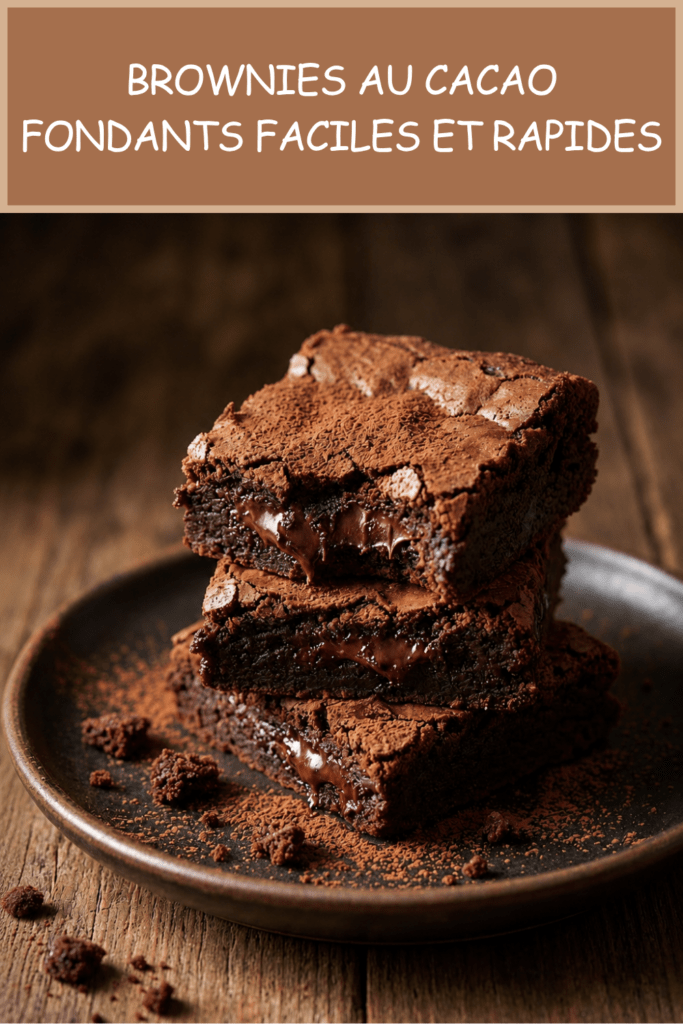 Brownies au cacao fondants coupés en carrés, avec une texture chocolatée dense, un cœur moelleux et une surface légèrement craquelée.