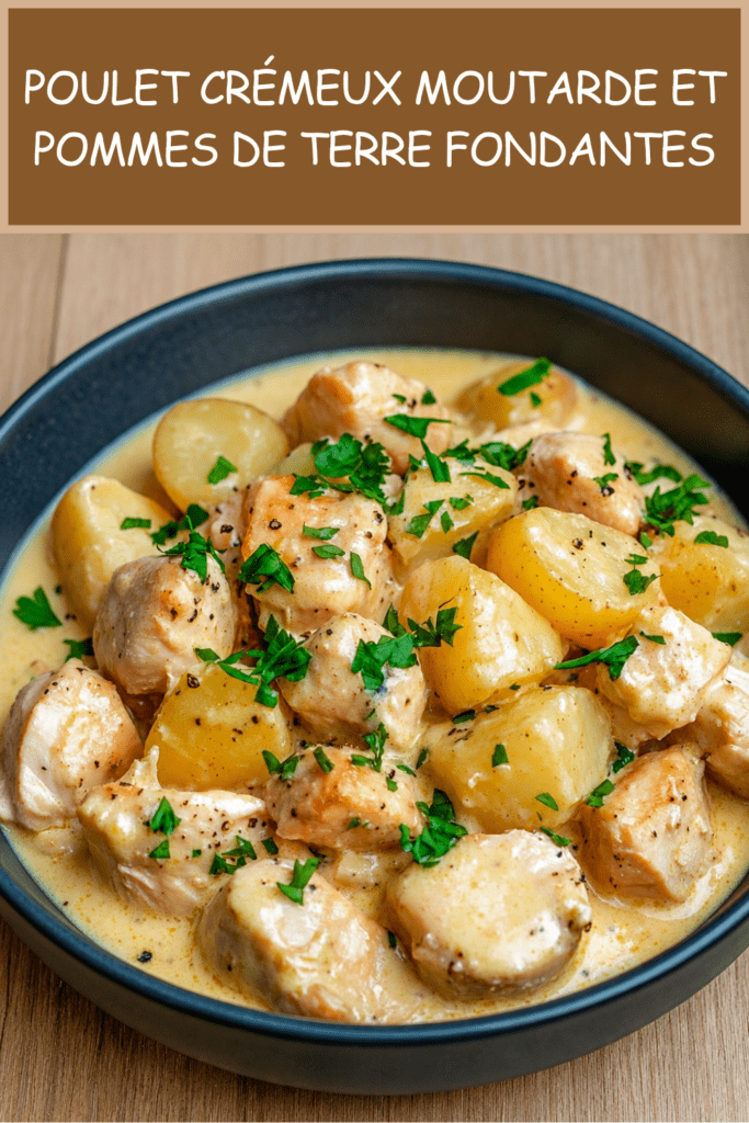 Poulet crémeux à la moutarde servi avec des pommes de terre fondantes, une sauce onctueuse à la crème et du persil frais haché.