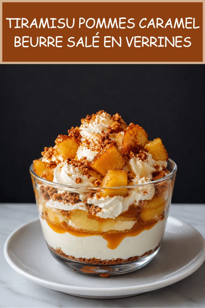 Verrines de tiramisu aux pommes poêlées, caramel beurre salé, crème mascarpone onctueuse et miettes de spéculoos.
